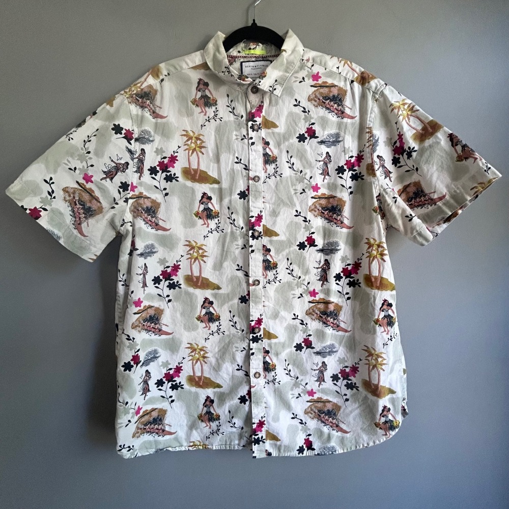 Denim & Flower Ricky Singh Mens XL Slim Fit Hawaiian Hula Print Button Down
